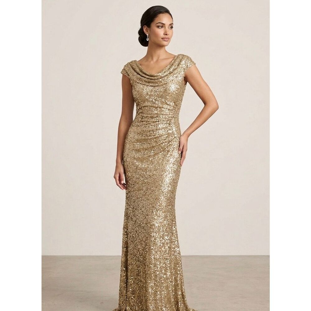 Tahari Maxi‎ Dress Champagne Sequin NEW Sleeveless Gold 8